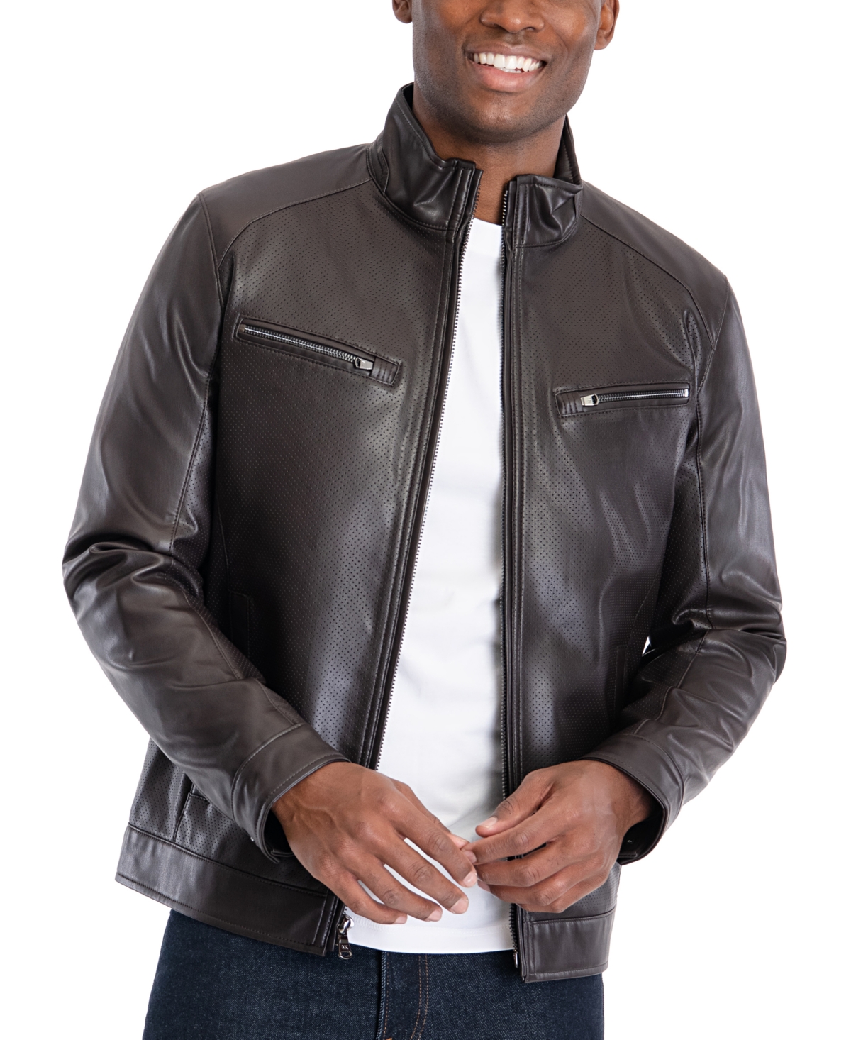 Men's Perforated Faux Leather Moto Jacket, Created for Macy's - Bone
