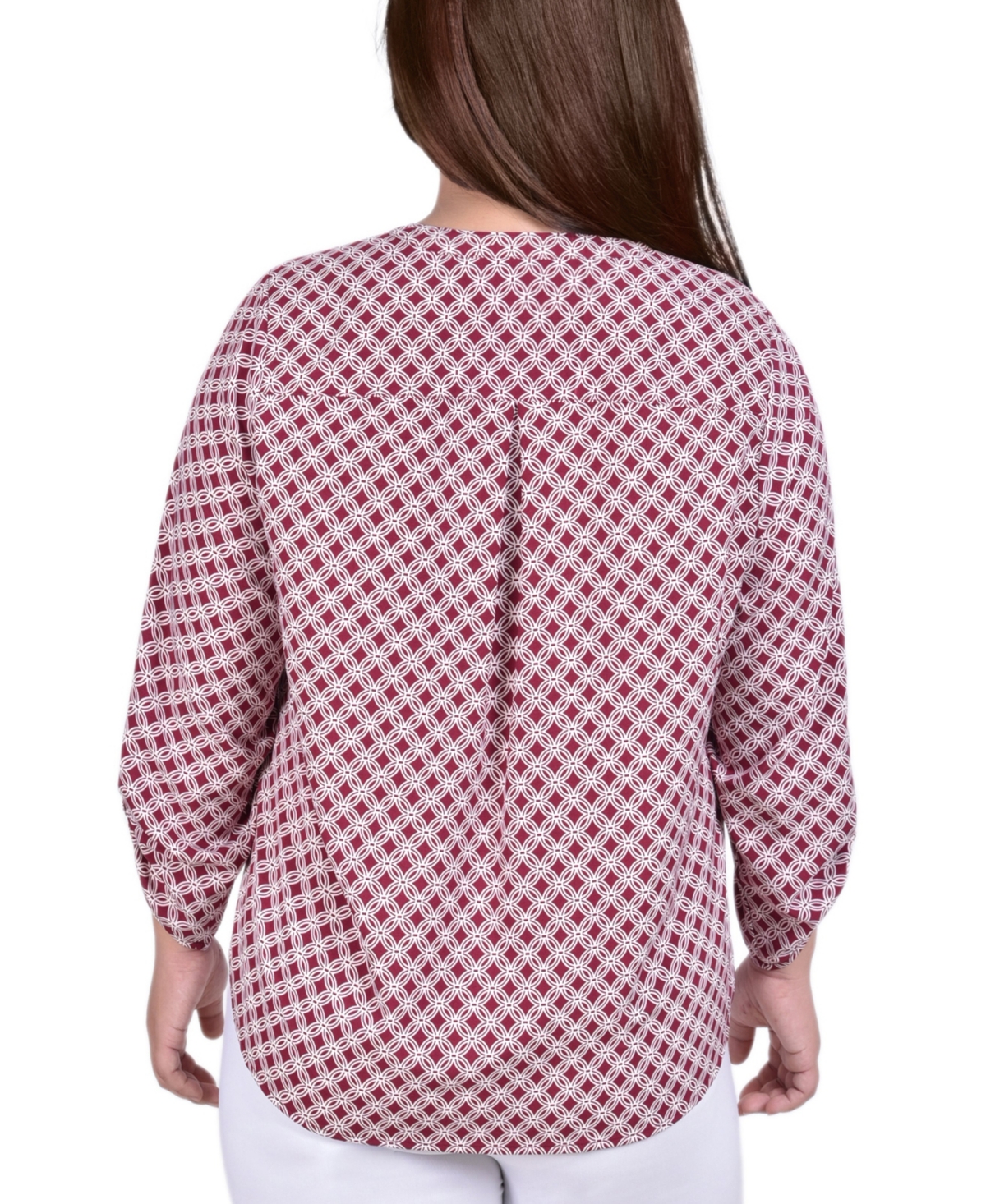 Ny Collection Plus Size 3/4 Sleeve Roll Tab Y Neck Blouse - White New Iconic