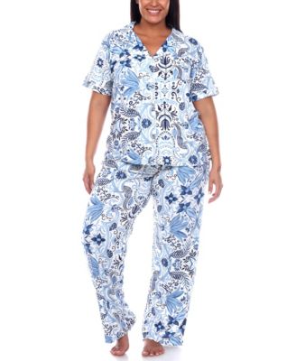 Plus Size Short Sleeve Pants Tropical Pajama Set, 2-Piece