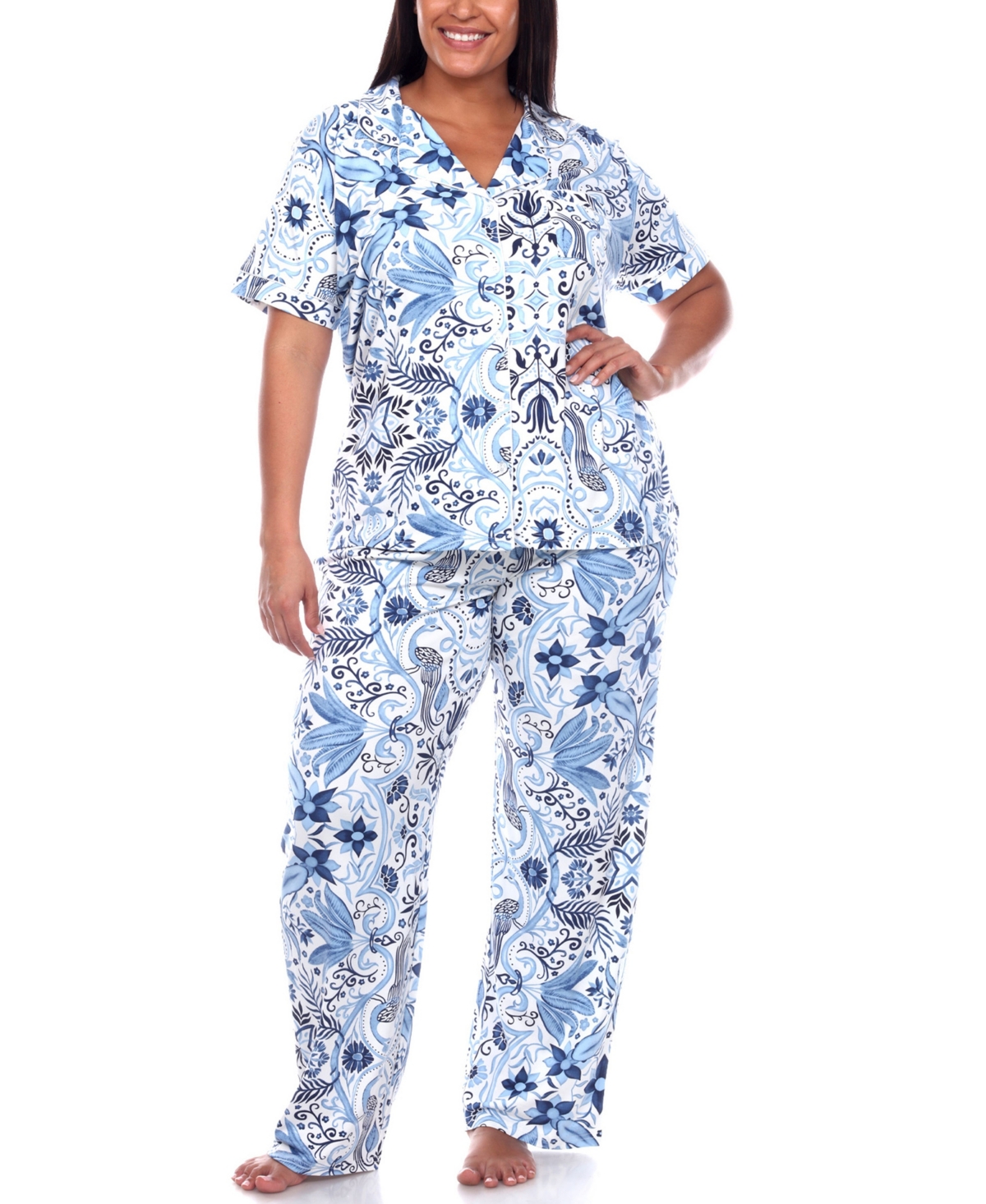 Shop White Mark Plus Size Short Sleeve Pants Tropical Pajama Set, 2-piece In White,blue