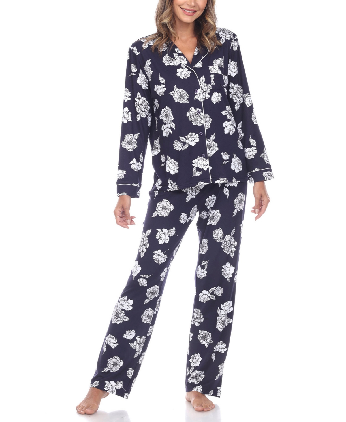 White Mark Women's Long Sleeve Floral Pajama Set, 2-Piece