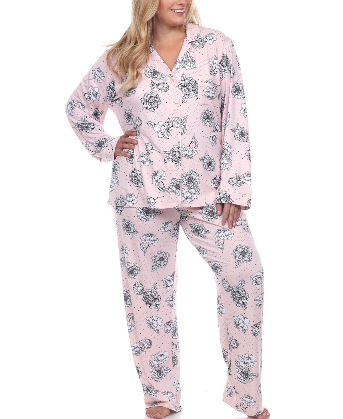White Mark Plus Size Long Sleeve Floral Pajama Set, 2-Piece