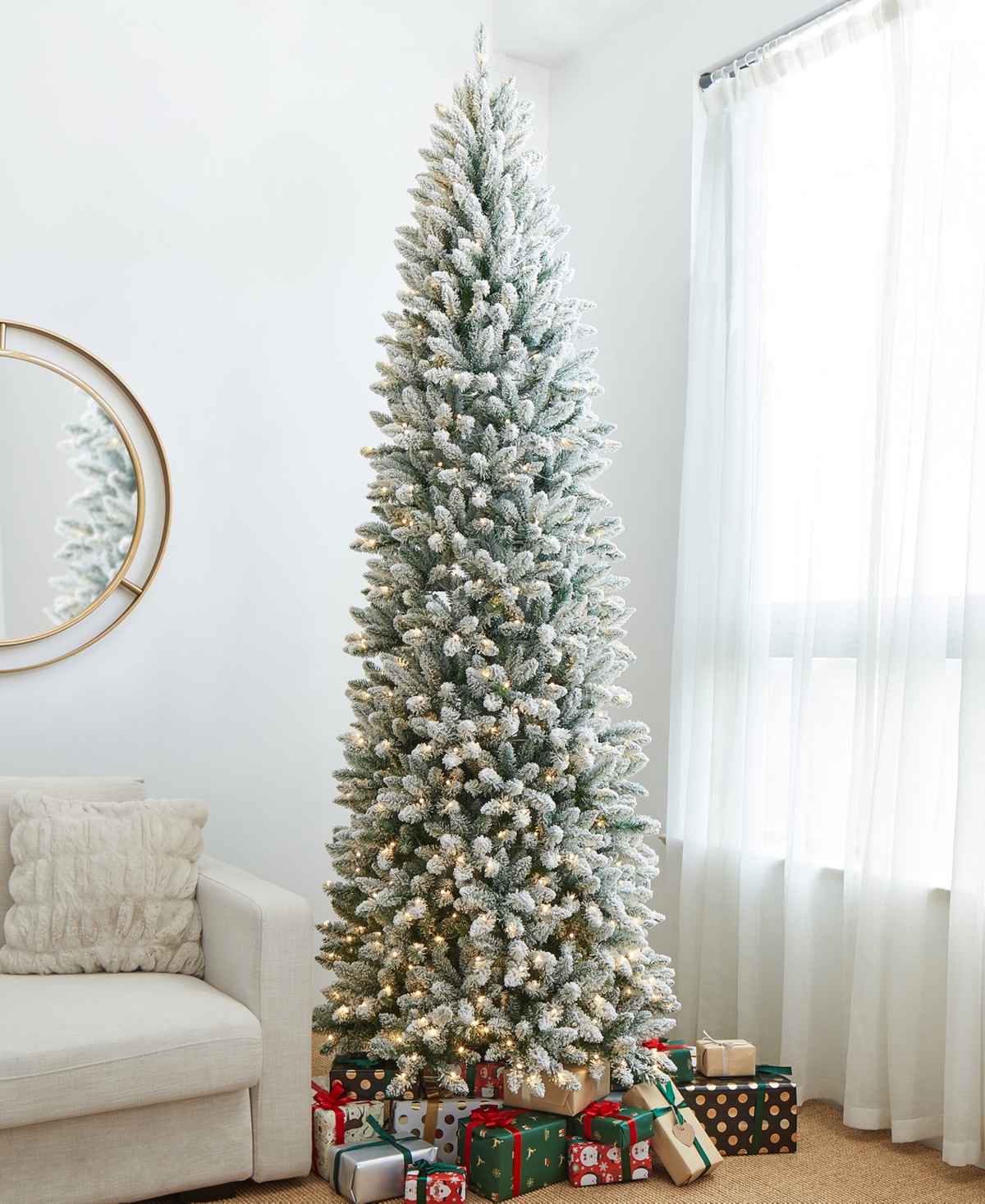 Pre-Lit Flocked Pencil Fir Artificial Christmas Tree with 600 Warm White Lights, 9' - Multi