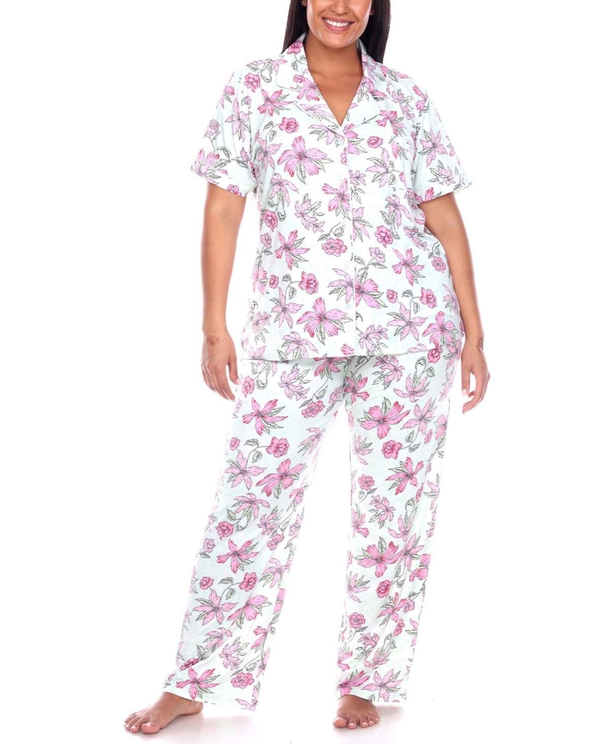 Shop White Mark Plus Size Short Sleeve Pants Tropical Pajama Set, 2-piece In Mint,pink