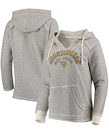 Women's Cream West Virginia Mountaineers Striped French Terry V-Neck Pullover Hoodie