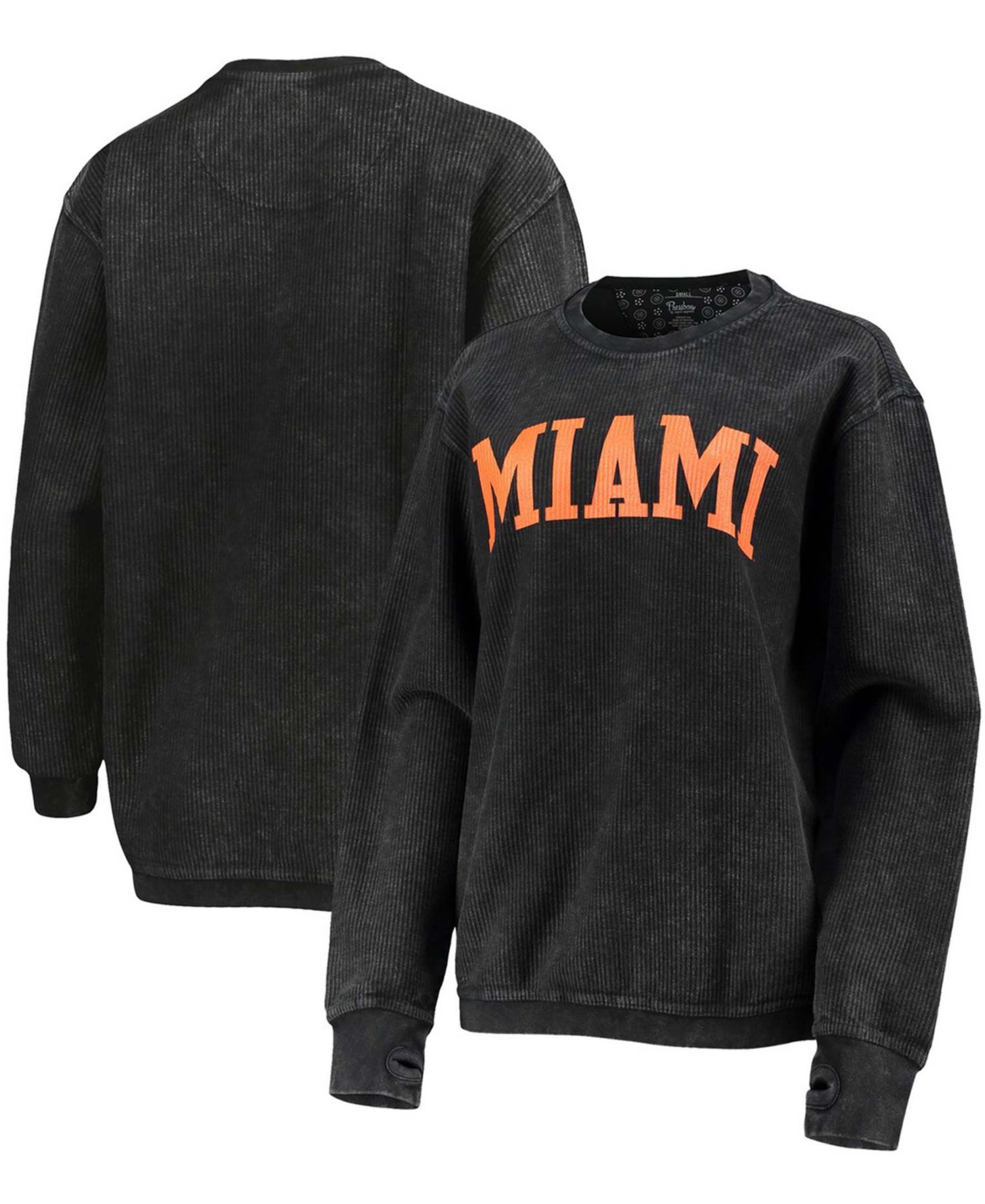 Women's Black Miami Hurricanes Comfy Cord Vintage-Like Wash Basic Arch Pullover Sweatshirt