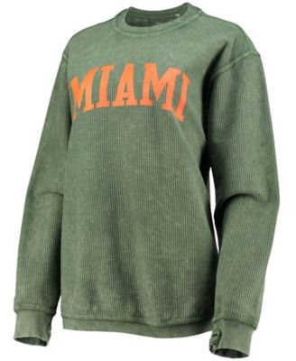 Women's Green Miami Hurricanes Comfy Cord Vintage-Like Wash Basic Arch Pullover Sweatshirt