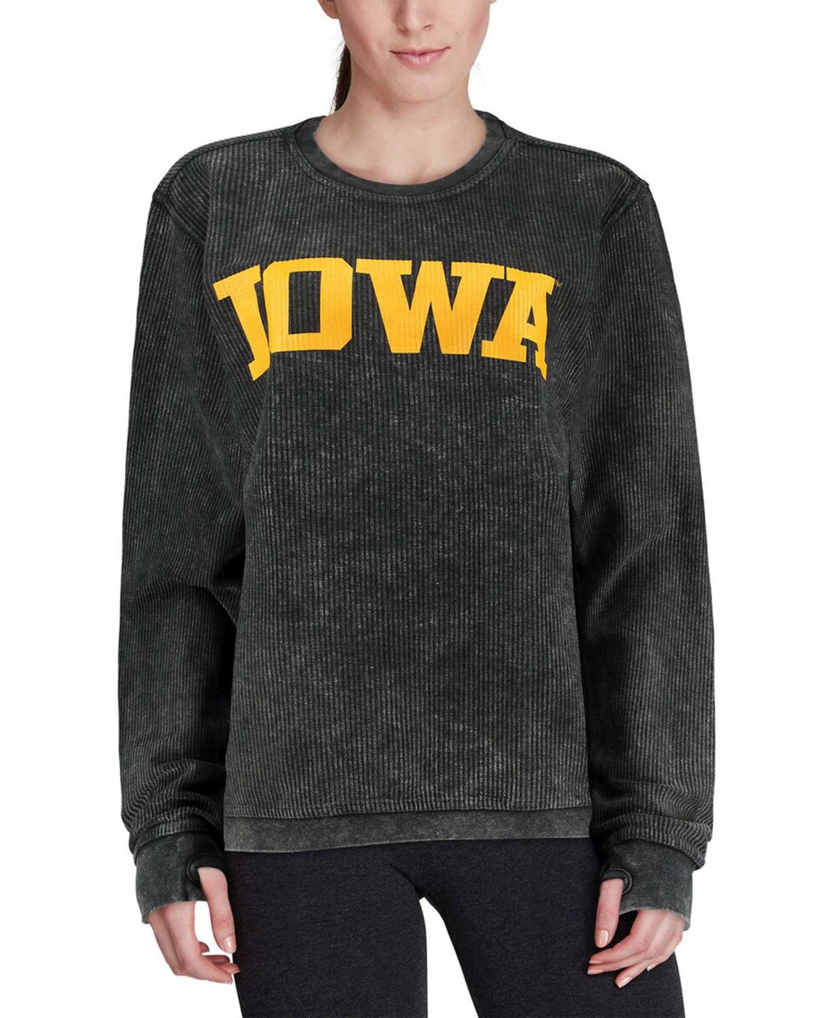 Women'sIowa Hawkeyes Comfy Cord Vintage-Like Wash Basic Arch Pullover Sweatshirt - Black