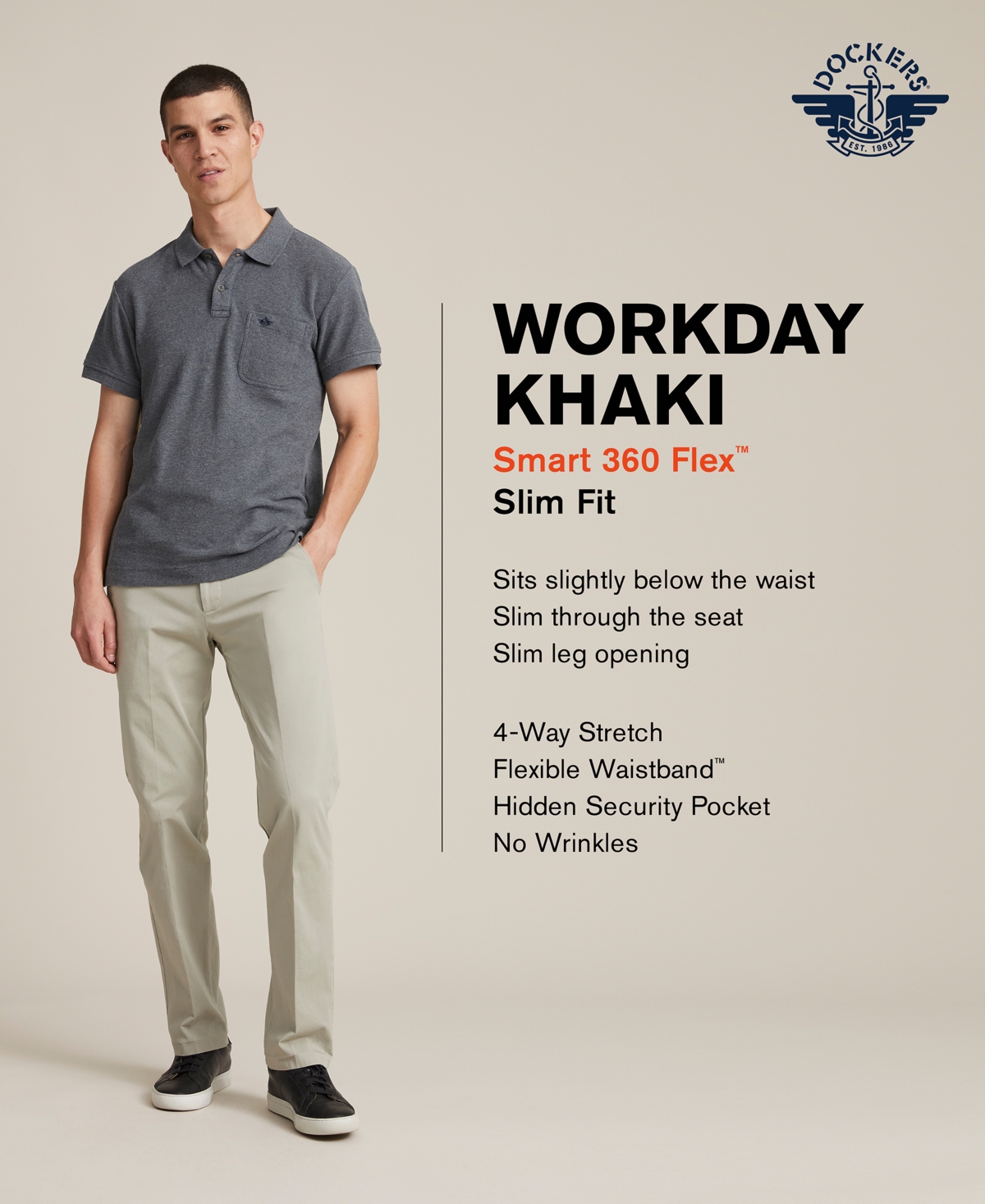Dockers Men's Workday Smart 360 Flex Slim Fit Khaki Stretch Pants In Dark Pebble