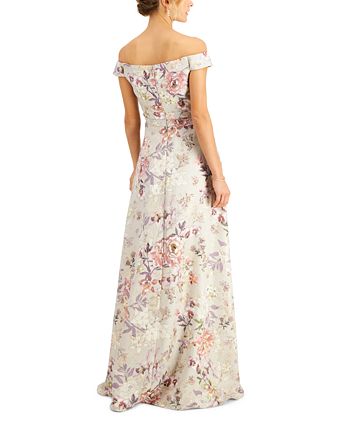 Adrianna Papell Off-The-Shoulder Floral-Print Ball Gown - Macy's
