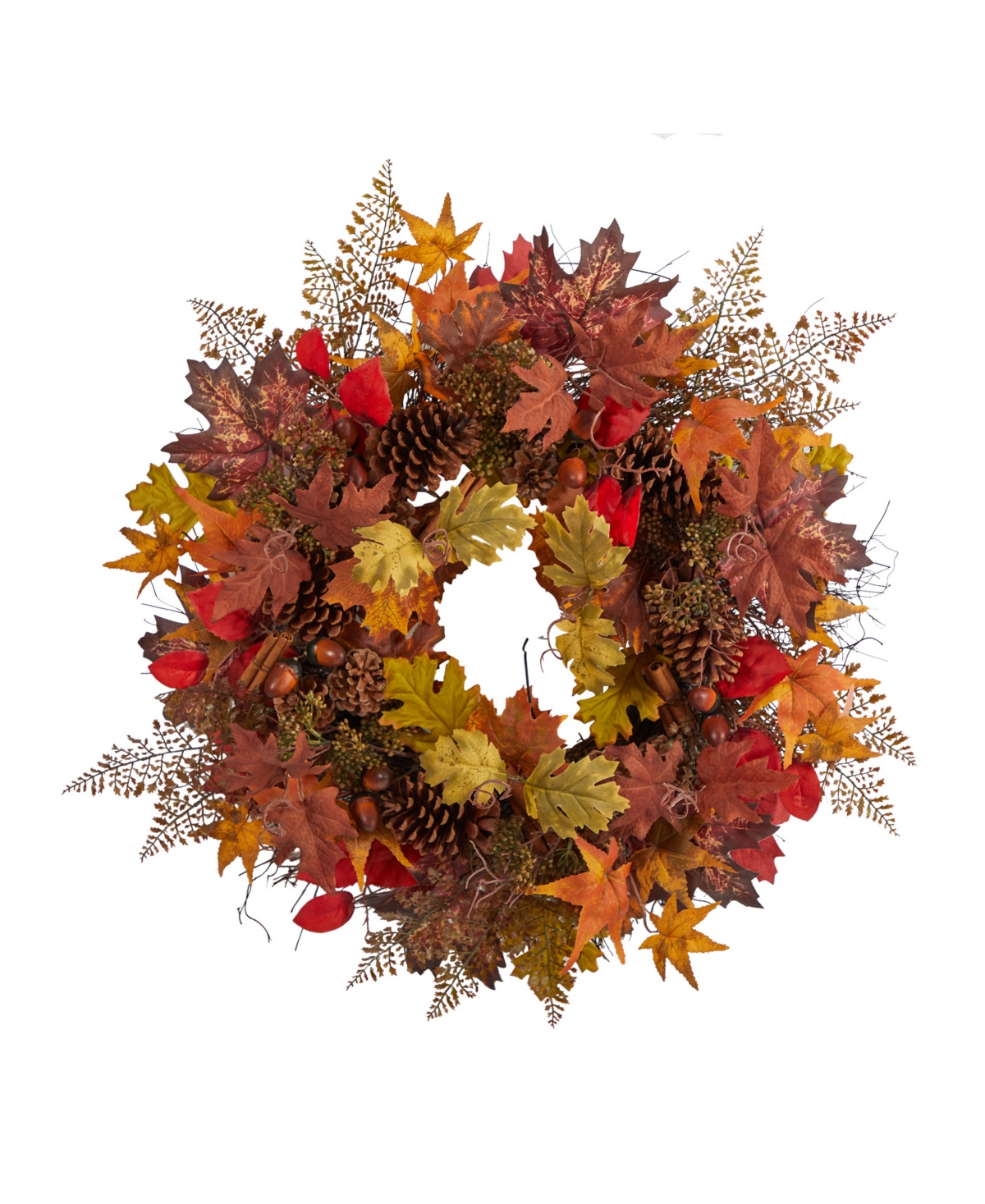 Nearly Natural 30" Autumn Maple Leaves, Acorn, Pinecones And Cinnamon Sticks Artificial Fall Wreath In Orange