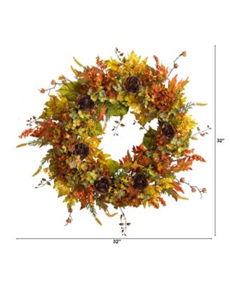 32" Fall Hydrangea, Ranunculus and Maple Leaf Autumn Artificial Wreath