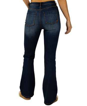 Indigo Rein Juniors' High-Rise Exposed-Button Flare-Leg Denim Jeans ...