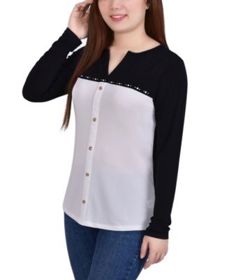 Women's Studded Color Blocked Split Neck Top