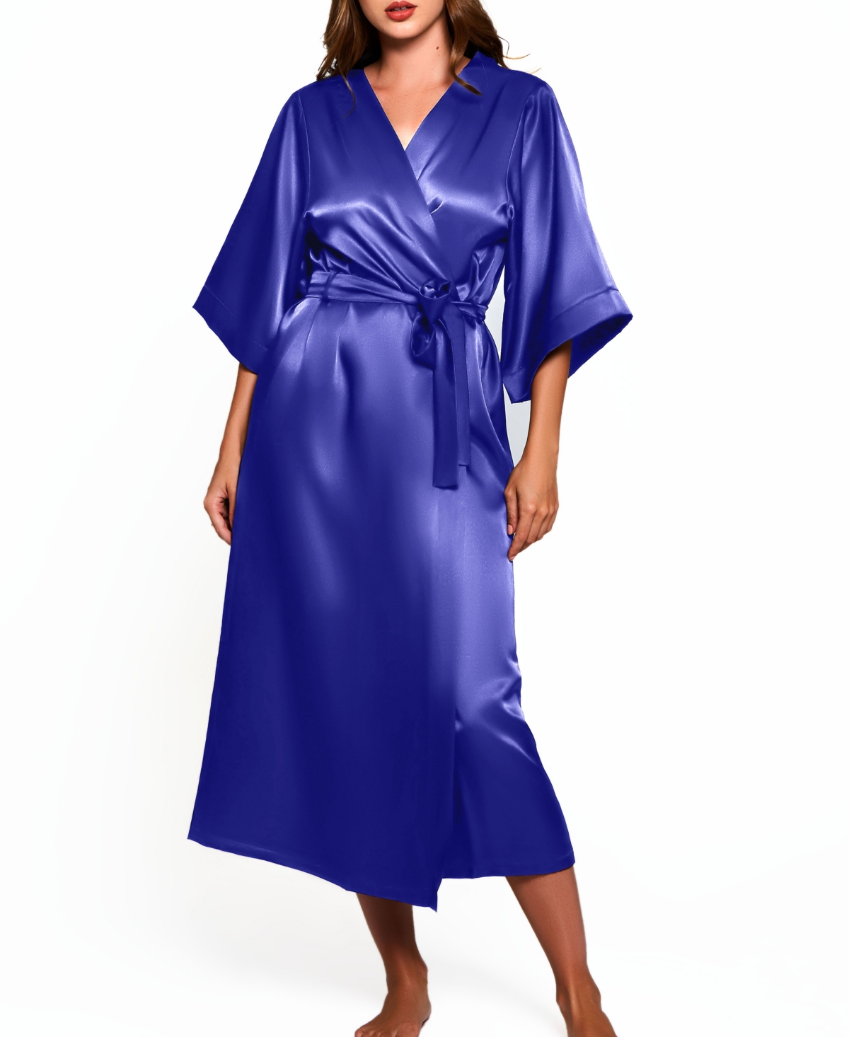 Women's Victoria Satin 3/4 Sleeve Long Robe - Blue