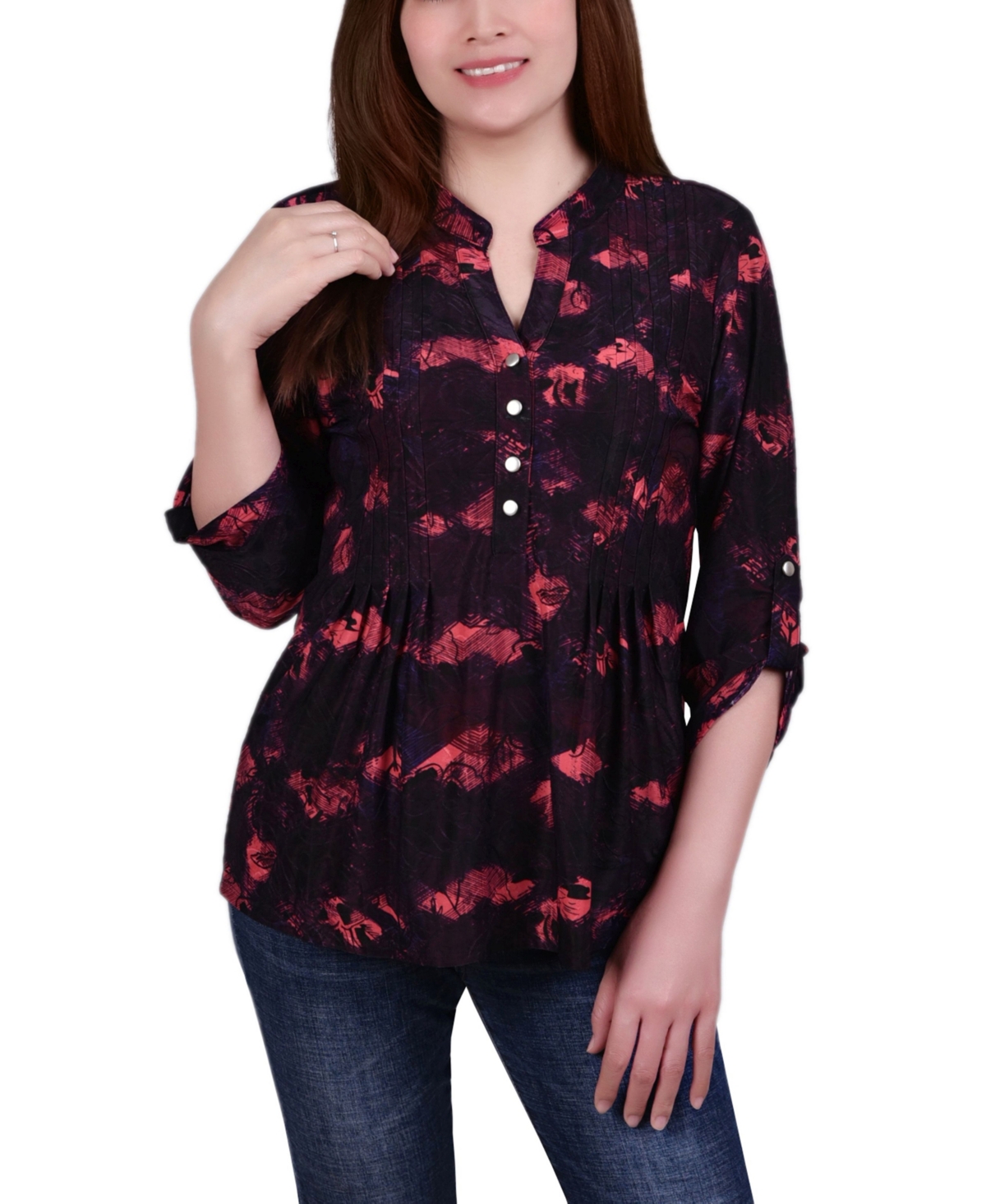 Ny Collection Women's 3/4 Roll Tab Sleeve Y-neck Top In Red Milaflor ...