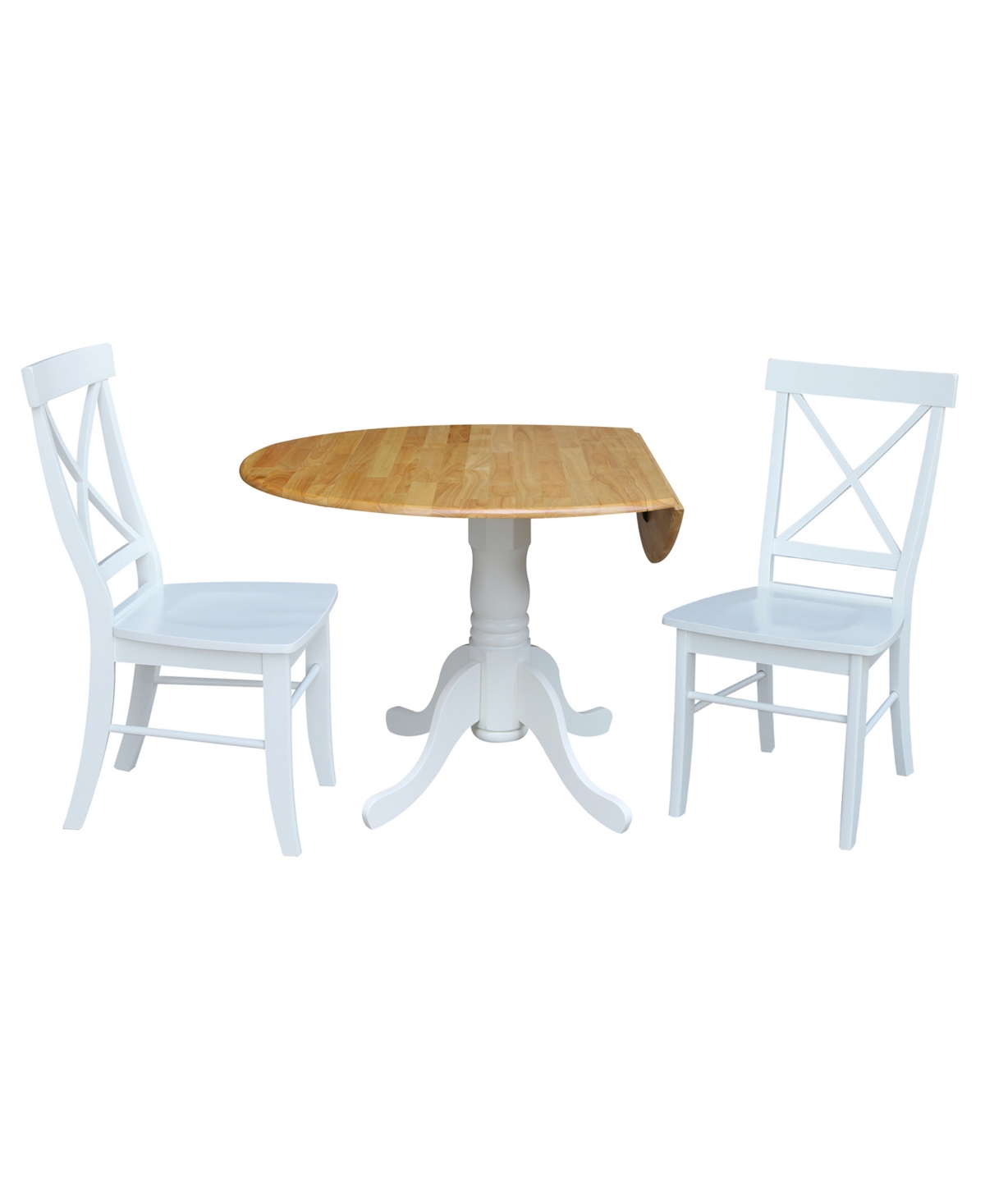 Dual Drop Leaf Table with 2 Cross Back Dining Chairs - 3 Piece Dining Set - White and Natural Table, White Chairs