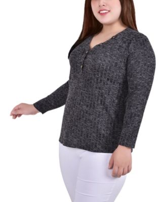 Plus Size Long Sleeve Ribbed Henley