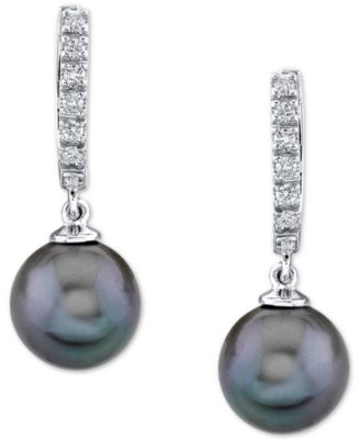 Cultured Golden South Sea Pearl (9mm) & Diamond (1/5 ct. t.w.) Hoop Dangle Drop Earrings in 14k Gold