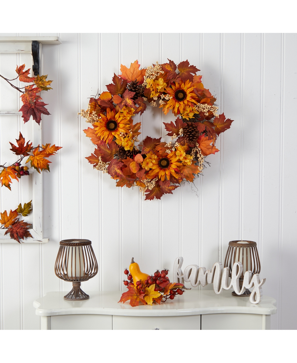 NEARLY NATURAL 28" AUTUMN MAPLE LEAVES, SUNFLOWER, WHITE BERRIES AND PINECONES ARTIFICIAL FALL WREATH 