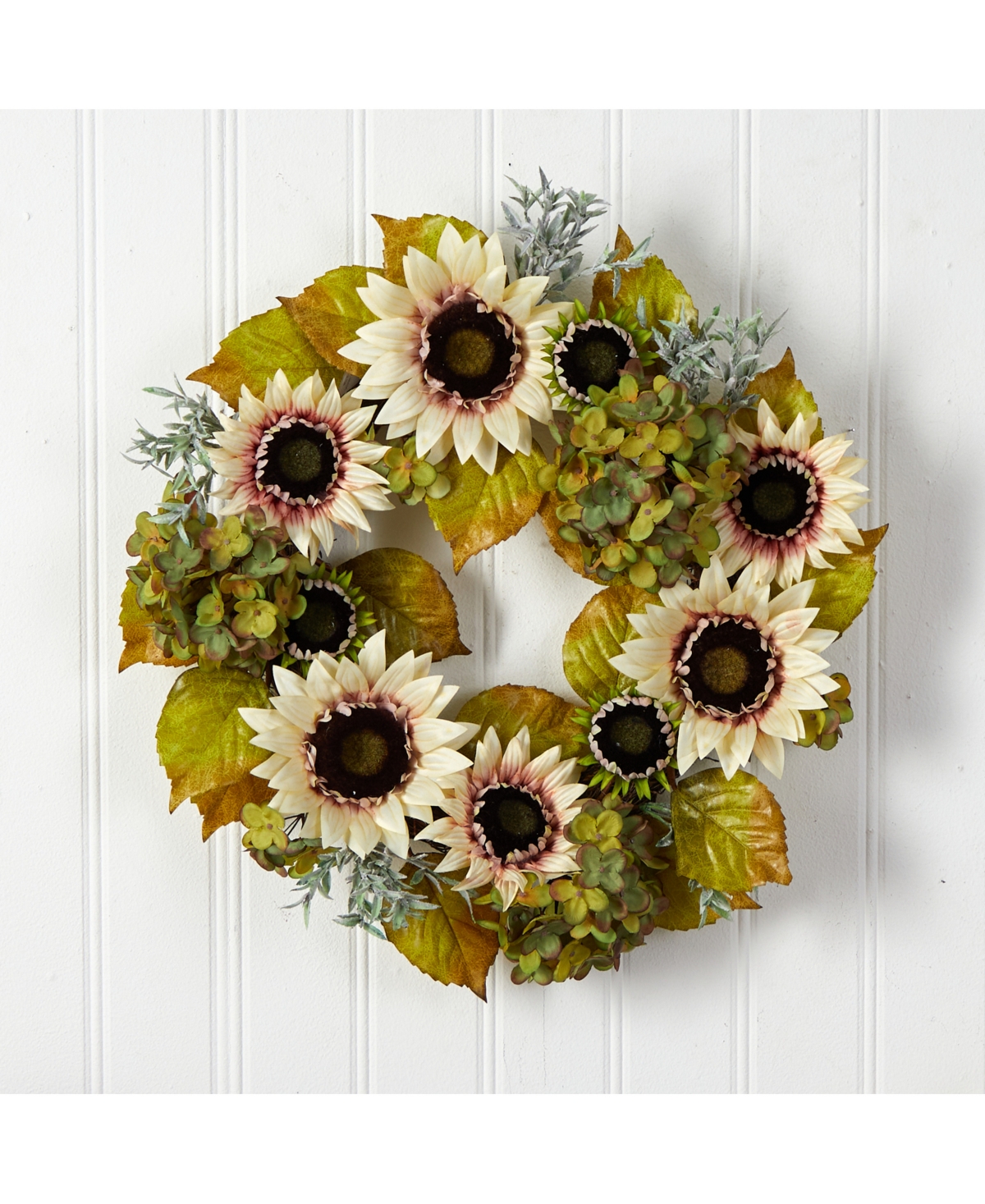 Nearly Natural 24" White Sunflower And Hydrangea Artificial Autumn Wreath In Green