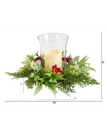 Nearly Natural Frosted Magnolia & Berry Artificial Candelabrum Arrangement - Winter-Themed Faux Flowers With Pine & Snow