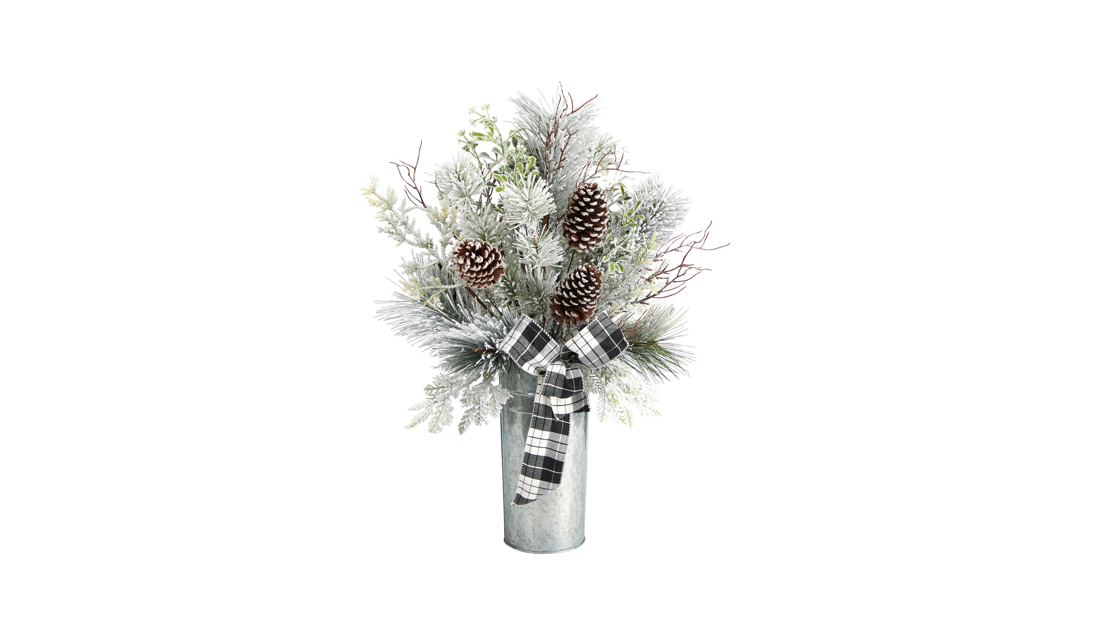 Frosted Greenery and Pinecone with Plaid Bow Artificial Christmas Arrangement in Decorative Tin, 28"