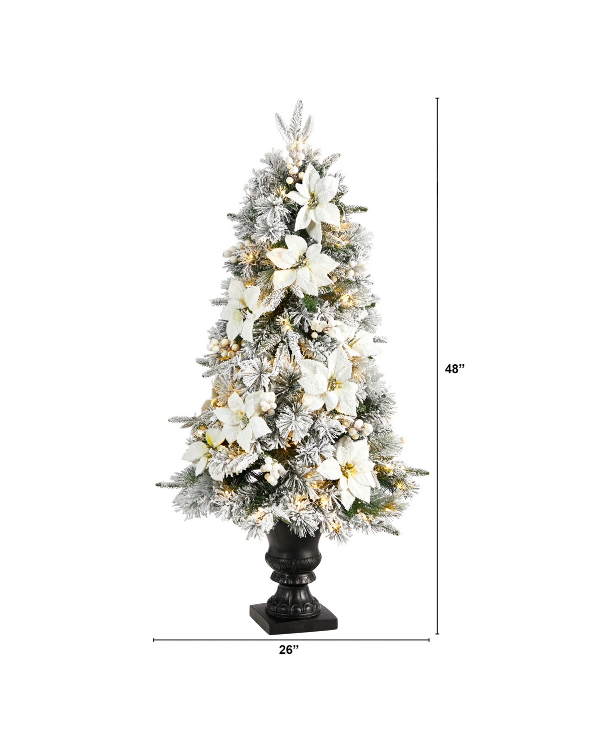 Flocked Artificial Christmas Tree with 223 Bendable Branches and 100 Warm Lights in Decorative Urn,