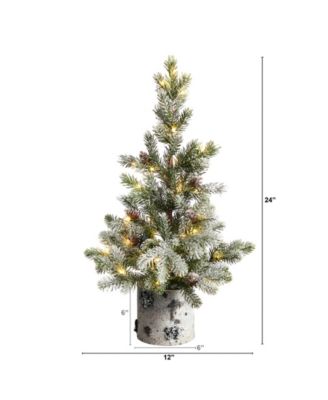 Flocked Christmas Artificial Tree in Decorative Birch Bark Planter with 30 LED Lights, 24"