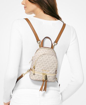 Michael Kors Rhea mini messenger Monogram embossed leather backpack New $358