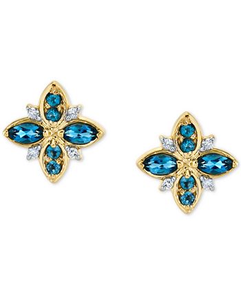Macy's - Blue Topaz (5/8 ct. t.w.) & Diamond (1/20 ct. t.w.) Flower Stud Earrings in 14k Gold