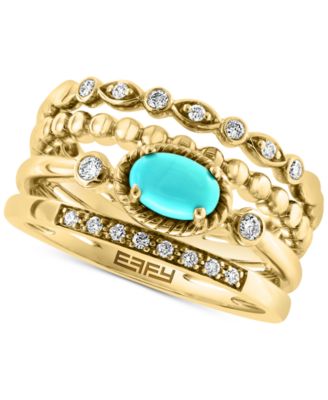 EFFY&reg; Turquoise & Diamond (1/6 ct. t.w.) Multirow Ring in 14k Gold