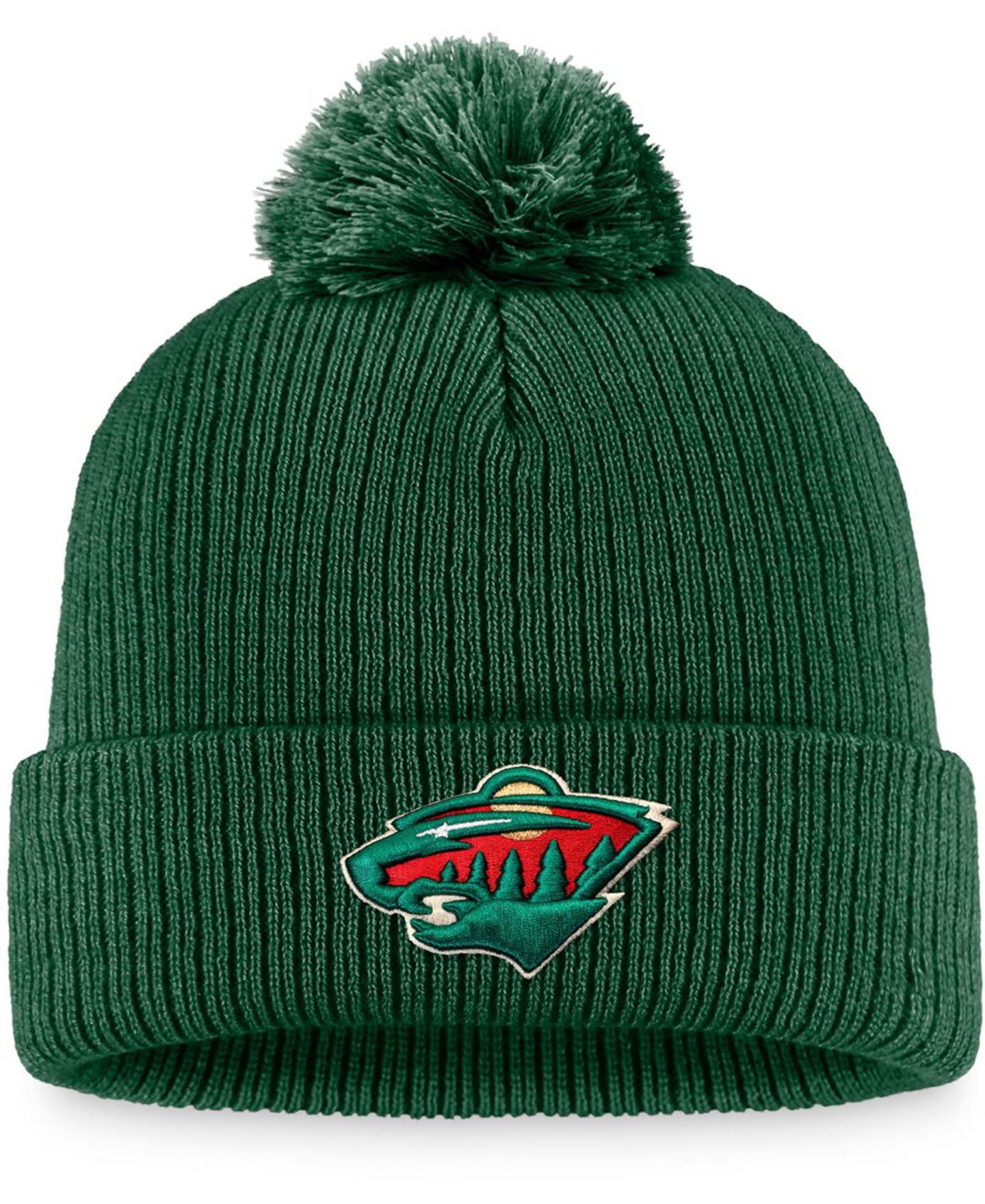 Мужская шапка Fanatics Green Minnesota Wild Core Primary Logo Cuffed Knit Hat with Pom — фото 1