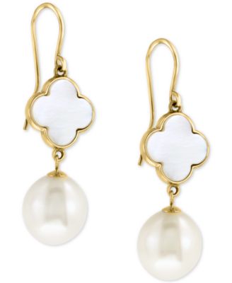 EFFY&reg; Mother-of-Pearl & Freshwater Pearl (9-1/2mm) Drop Earrings in 14k Gold