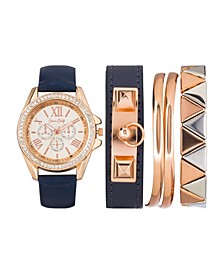 Women's Quartz Analog Navy Leather Strap Watch with Assorted Stackable Bracelets Gift Set, Set of 4