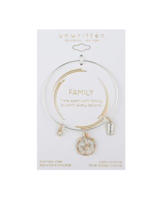 Family Tree Cubic Zirconia Adjustable Bangle Bracelet In Stainless Steel and Gold Flash Plated Charms