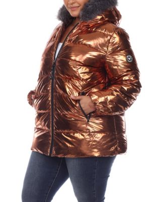 Plus Size Metallic Puffer Coat with Hoodie