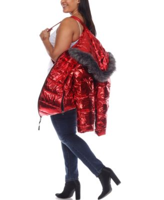 Plus Size Metallic Puffer Coat with Hoodie
