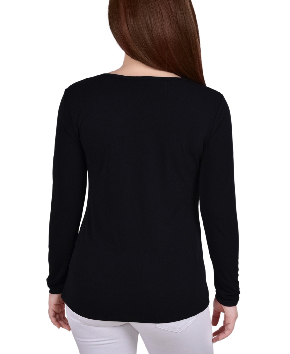 Ny Collection Petite Long Sleeve Studded Colorblocked Split Neck Top