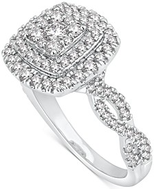 Diamond Cushion Double Halo Cluster Engagement Ring (1 ct. t.w.) in 14k White Gold
