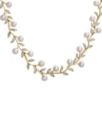 Macy's - Cultured Freshwater Pearl (5mm) & Diamond (1/2 ct. t.w.) Vine 16" Collar Necklace in 14k Gold-Plated Sterling Silver