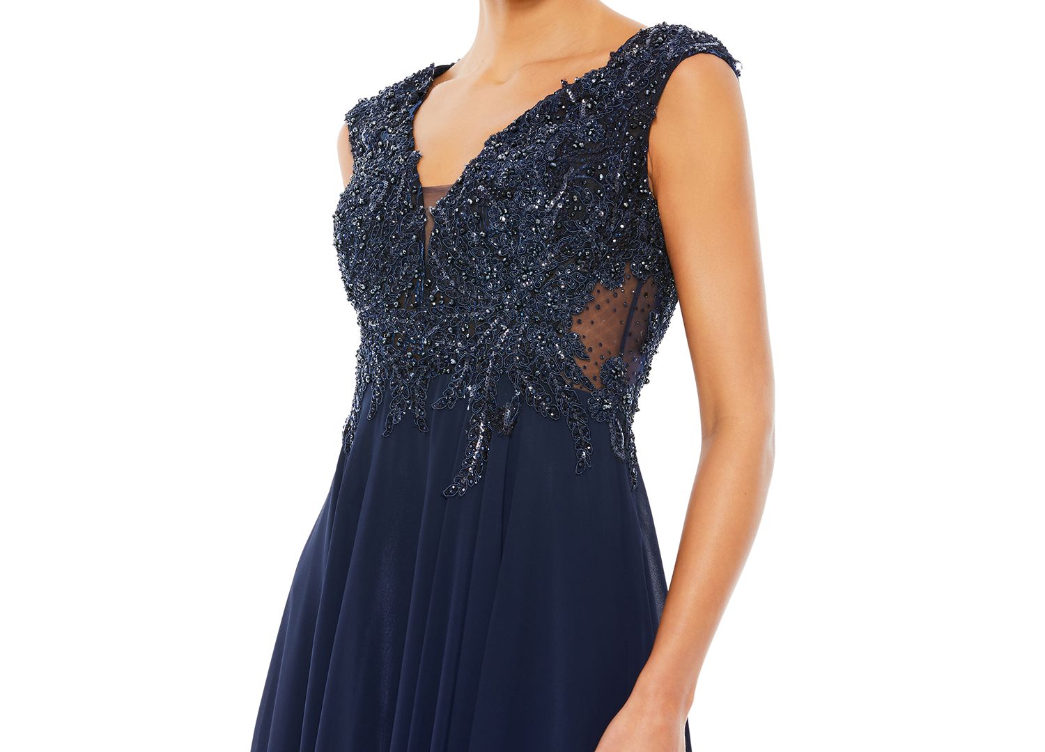 Women's Appliqued Cap Sleeve Bodice Flowy Gown