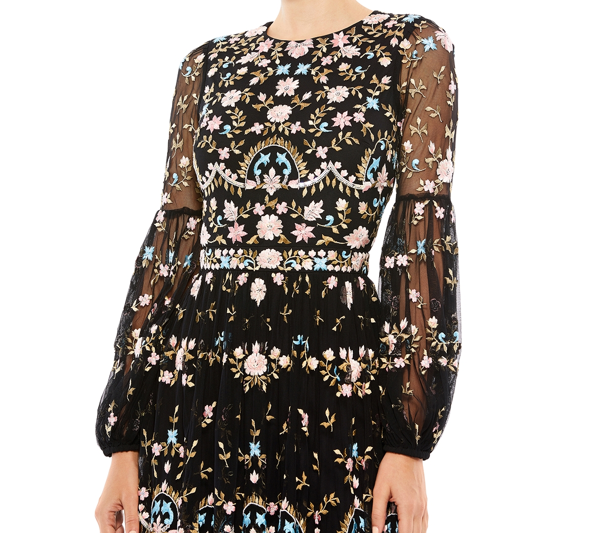 Mac Duggal Women's Embroidered High Neck Illusion Sleeve Tiered Gown