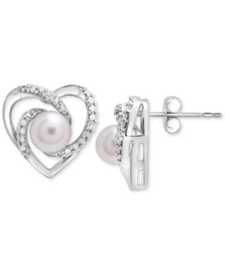Cultured Freshwater Pearl (5mm) & Diamond Accent Heart Stud Earrings in Sterling Silver