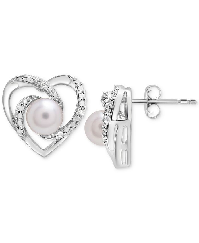 Macy's - Cultured Freshwater Pearl (5mm) & Diamond Accent Heart Stud Earrings in Sterling Silver