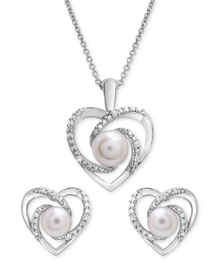 Macy's - Cultured Freshwater Pearl (5mm) & Diamond Accent Heart Stud Earrings in Sterling Silver