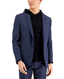 Men's Slim-Fit Navy Large Windowpane Wool Suit Jacket