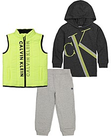 Toddler Boys Quilted Vest, Hooded Logo T-shirt and Fleece Joggers, 3 Piece Set