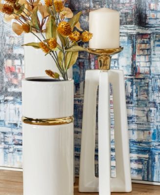 by Cosmopolitan Set of 2 White Ceramic Modern Candle Holder, 12", 14"