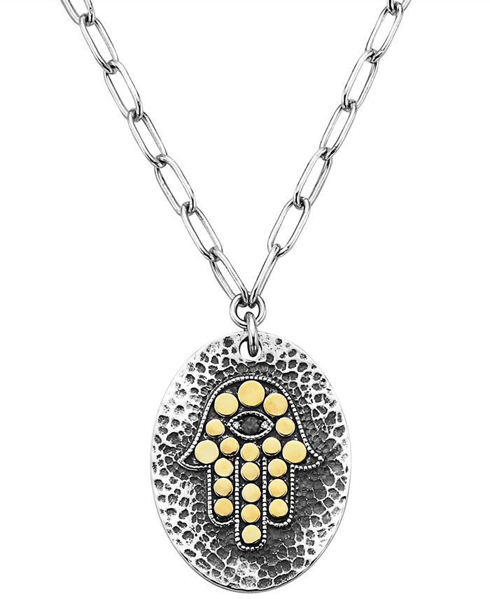 EFFY Collection - Black & White Diamond Accent Hamsa Hand 18" Pendant Necklace in Sterling Silver & 18k Gold